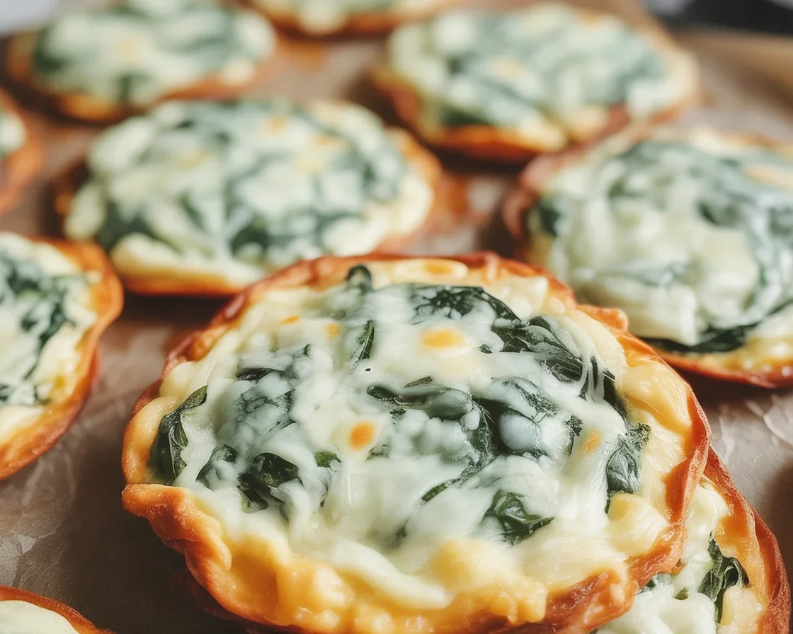 Delicious Spinach Dip Cheese Crisps with a crispy exterior and cheesy spinach flavor.