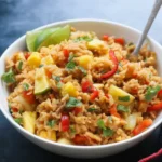 A bowl of Thai Pineapple Fried Rice with colorful veggies and chunks of pineapple.