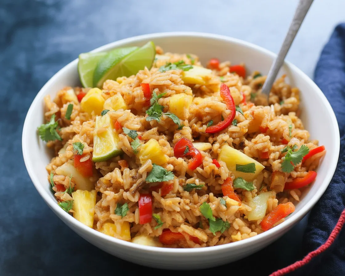 A bowl of Thai Pineapple Fried Rice with colorful veggies and chunks of pineapple.