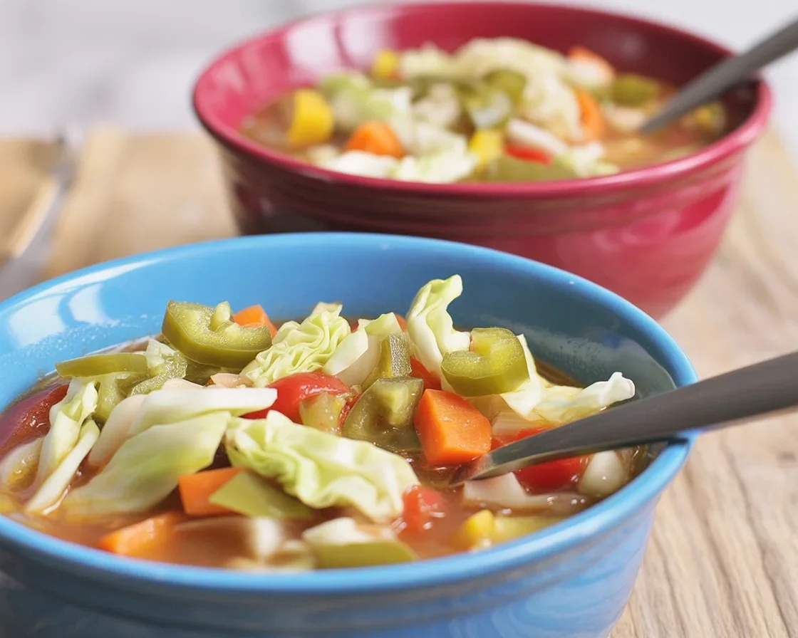 Healthy Fat-Burning Cabbage Soup with onions, carrots, and bell peppers