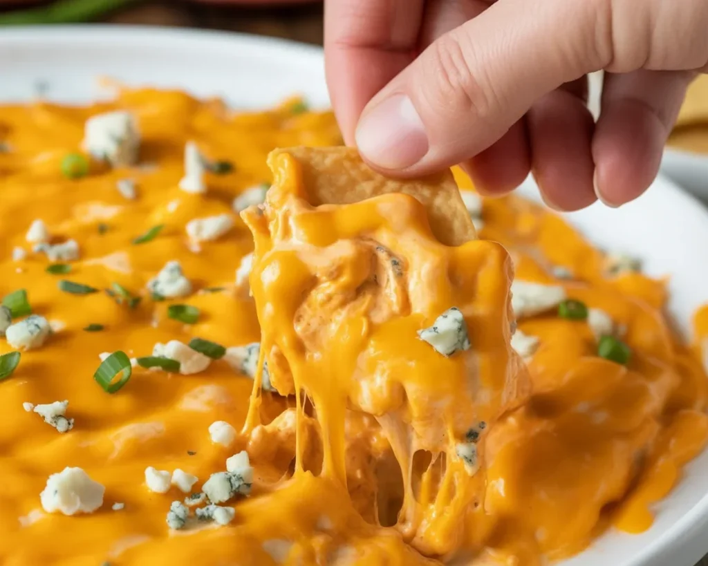 Delicious Frank's Red Hot Buffalo Chicken Dip cooked in a slow cooker.