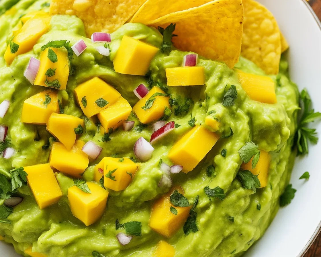 Fresh Guacamole with Mango Chunks served in a bowl, garnished with cilantro.