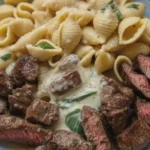 Delicious Garlic Butter Steak Bites with Creamy Parmesan Pasta Shells served in a bowl