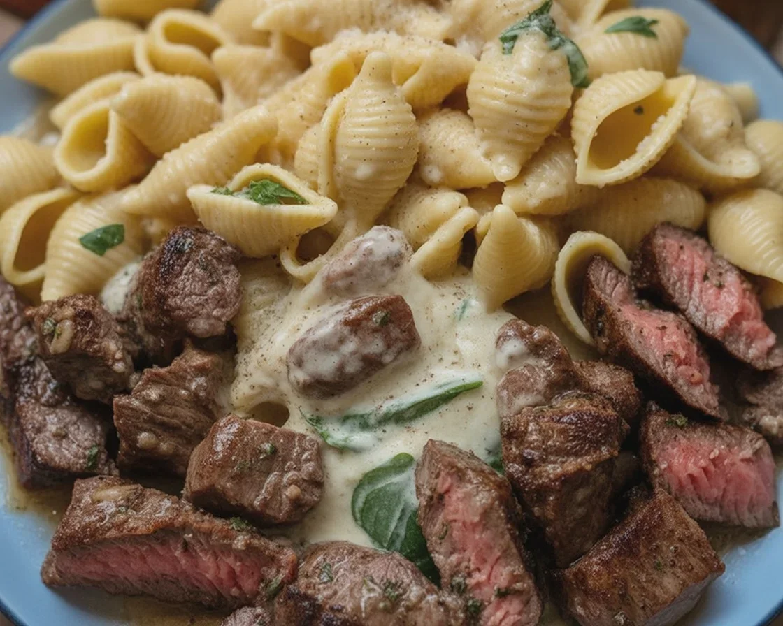 Delicious Garlic Butter Steak Bites with Creamy Parmesan Pasta Shells served in a bowl