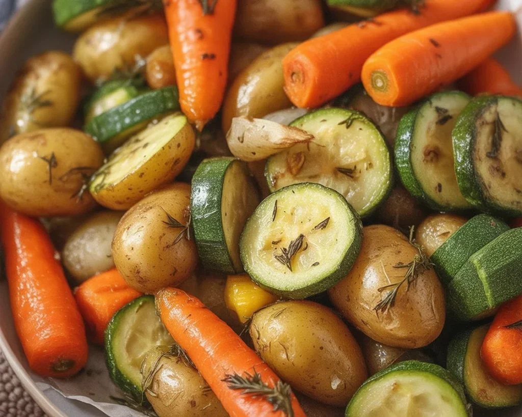 Garlic Herb Roasted Potatoes with Carrots and Zucchini in oven, delicious vegetable recipe