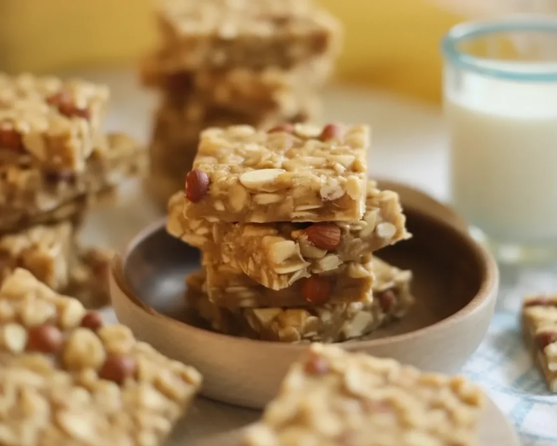Granola bars with fresh fruit in a lunch box, ideal for snacks and on-the-go meals.