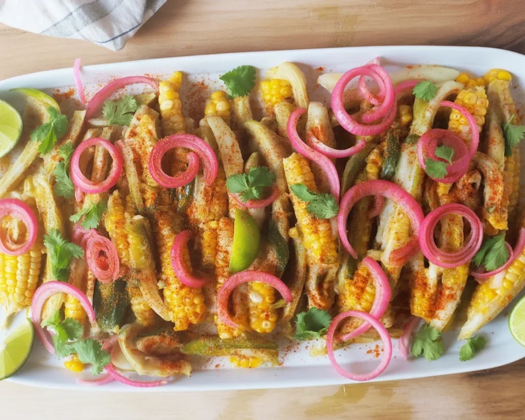 Delicious grilled elote corn with chili lime seasoning, topped with cheese.