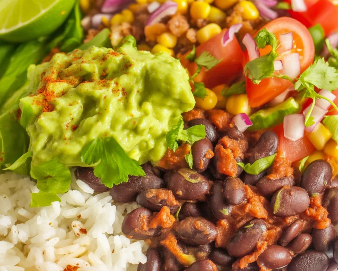 Vegan Burrito Bowl with Sautéed Mushrooms, black beans, and fresh salsa