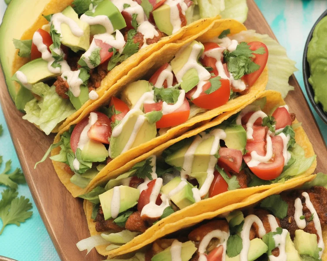 Delicious vegan tacos with black beans, avocado, and pico de gallo on a plate.