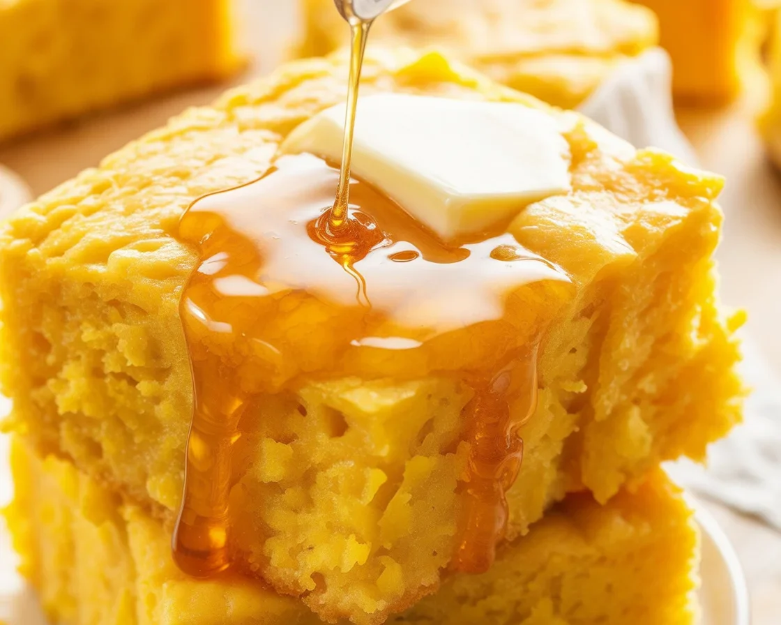 Slice of Honey Butter Sweet Potato Cornbread drizzled with honey and topped with butter.