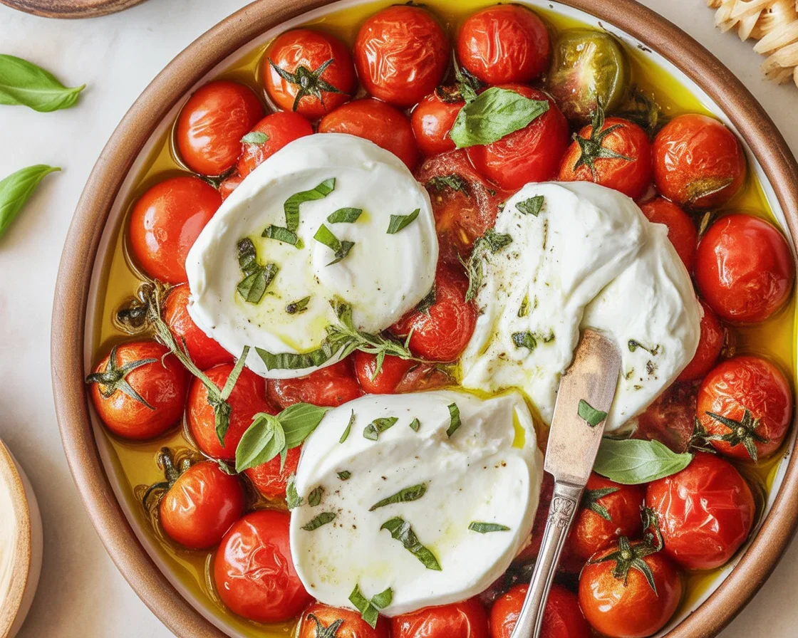 Hot Caprese Dip with Roasted Tomatoes and Burrata served with fresh basil.