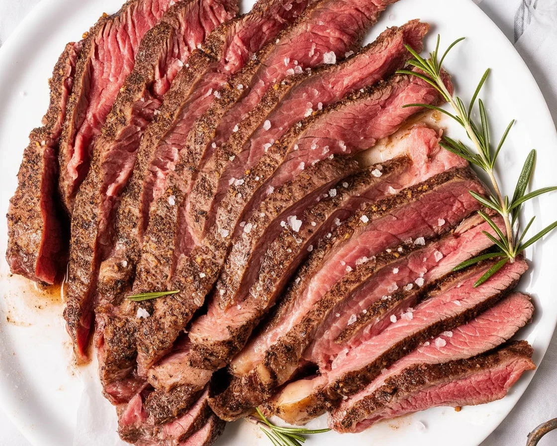 Sliced eye of round steak served with gravy and vegetables on a plate.
