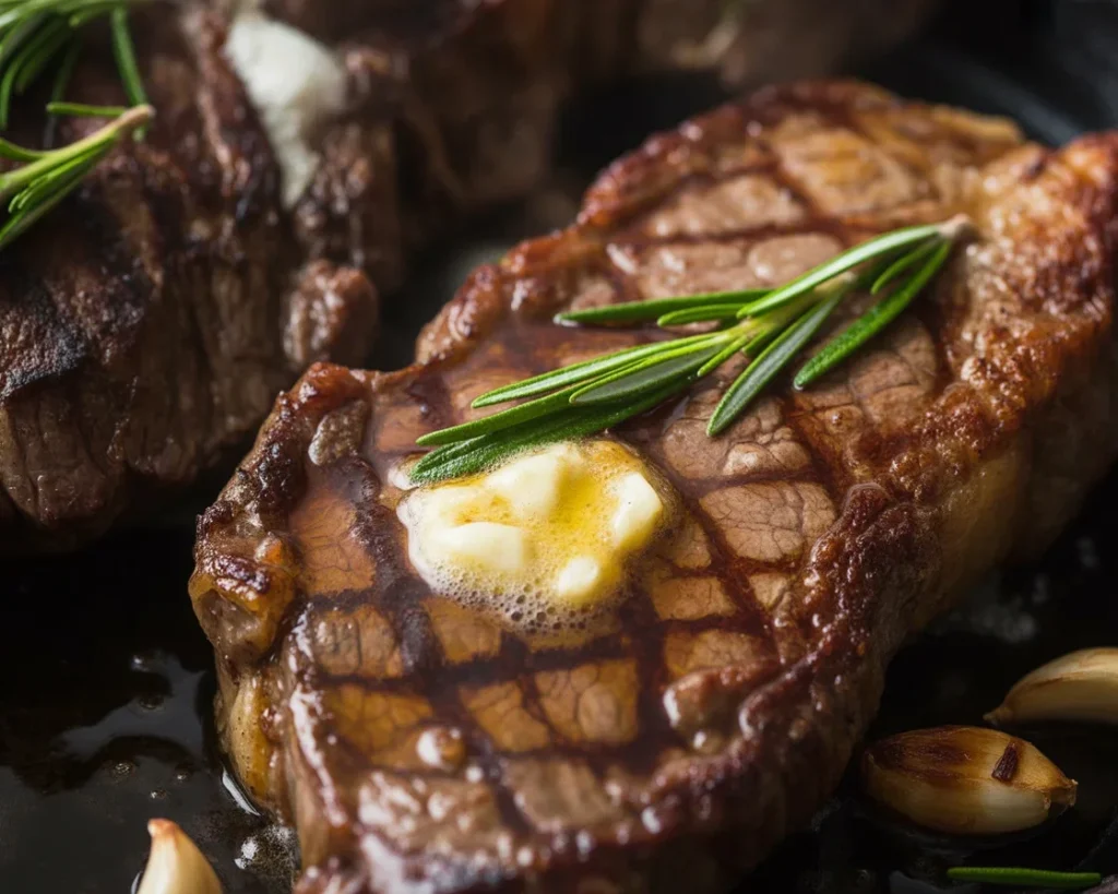 Juicy pan-seared steak cooked to perfection with a crispy exterior.