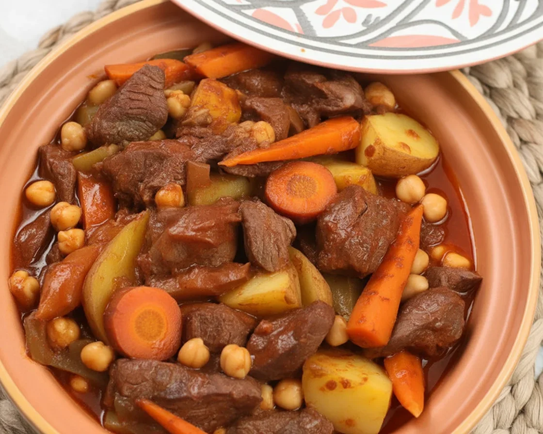 A delicious plate of Moroccan Beef Tagine with fragrant spices and vegetables.