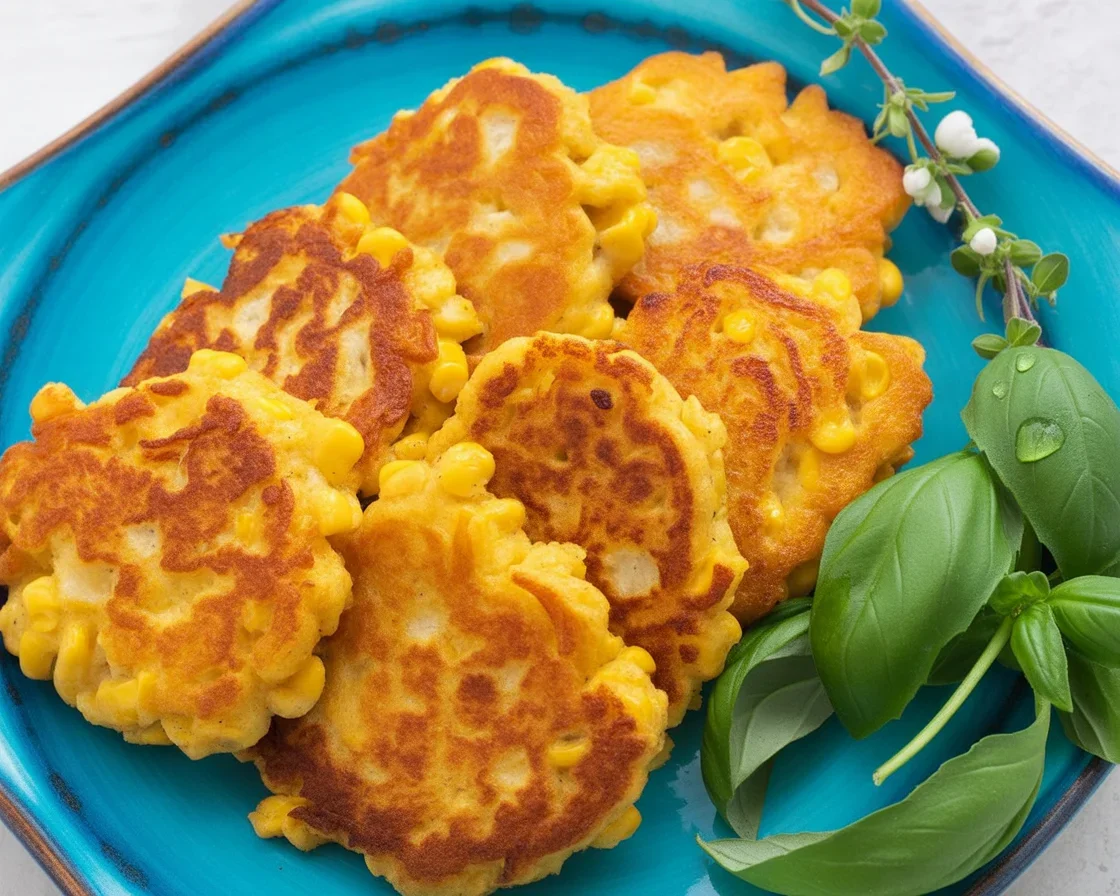 Plate of irresistibly crispy cheesy corn fritters garnished and ready to serve.