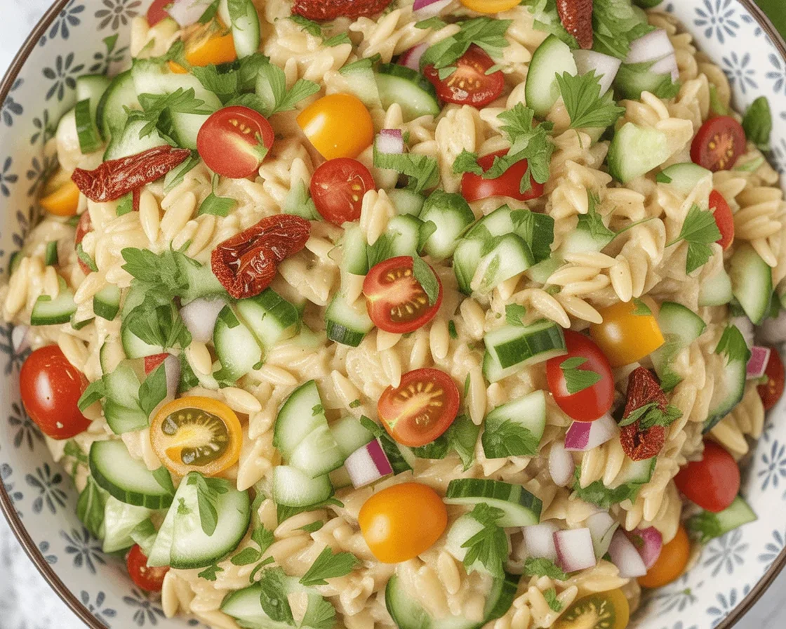 Light and refreshing orzo pasta salad with cucumbers, tomatoes, and feta cheese.