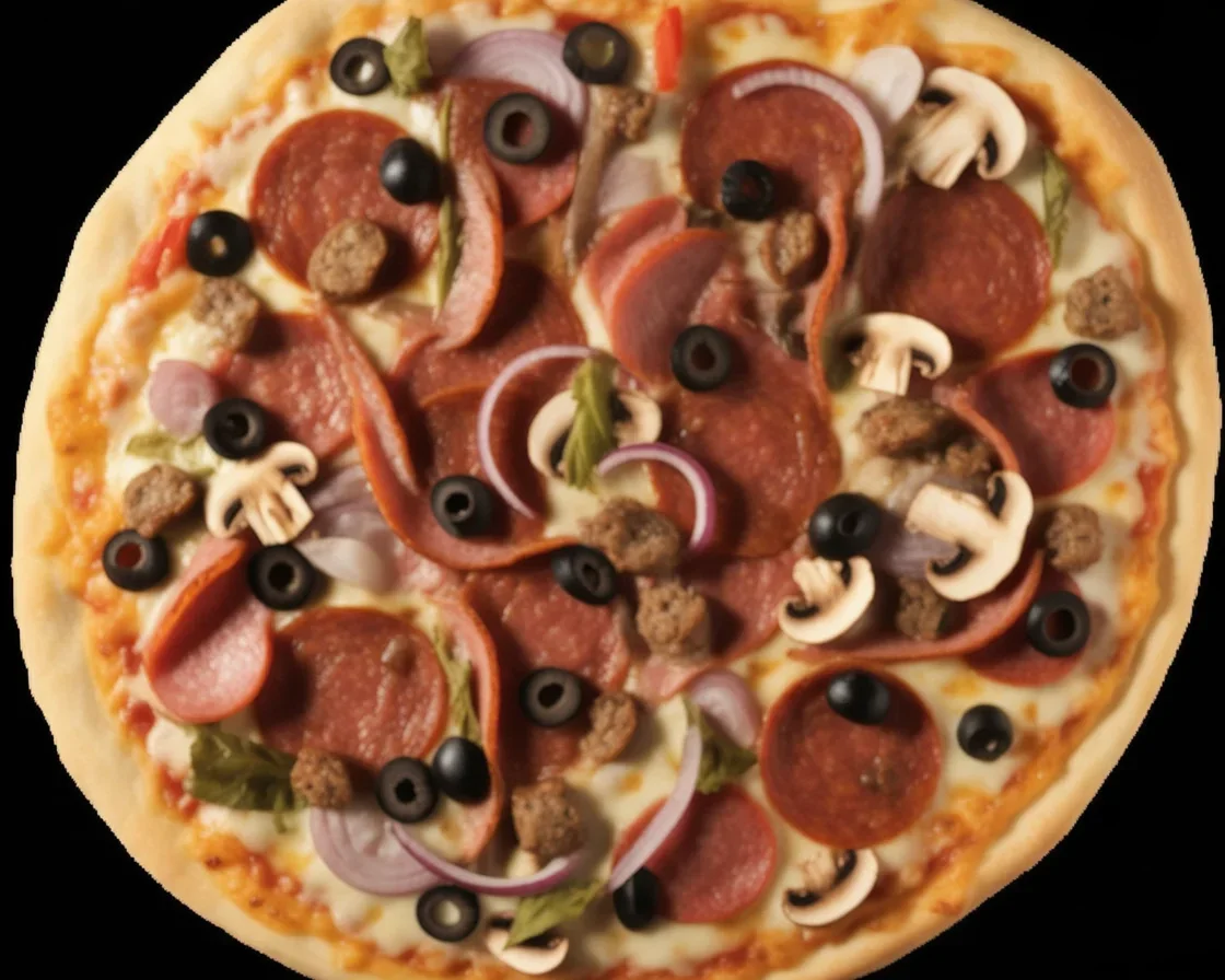 Loaded Beef & Bacon Pizza topped with bell peppers and mushrooms