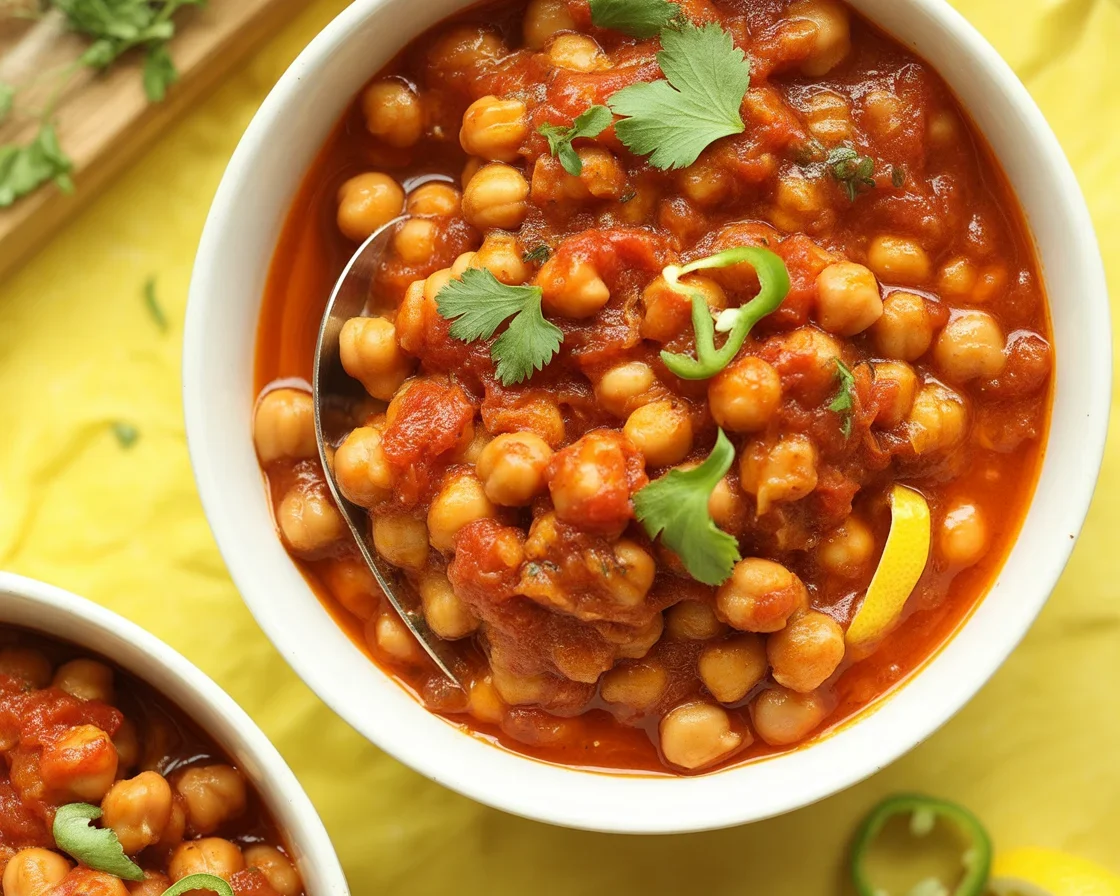 Delicious Chana Masala served with rice and garnished with cilantro and spices.