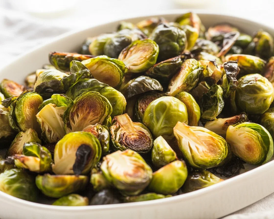 Maple Roasted Brussels Sprouts drizzled with syrup, fresh from the oven.