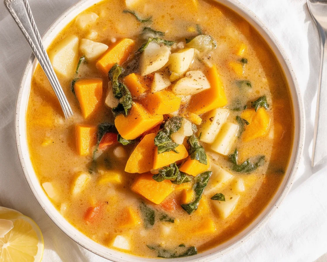 Bowl of Marry Me Tuscan Vegetable Soup with garnished herbs and vegetables.