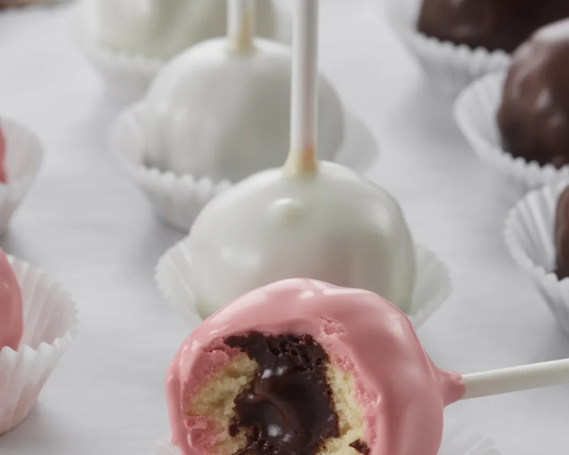 Neapolitan Cake Pops with a chocolate dip and colorful sprinkles on top.