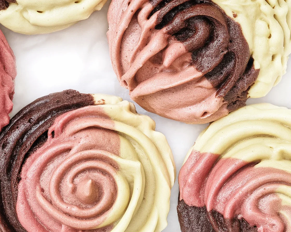 Close-up of Neapolitan Cupcakes with Tri-Color Swirl frosting in pastel shades.