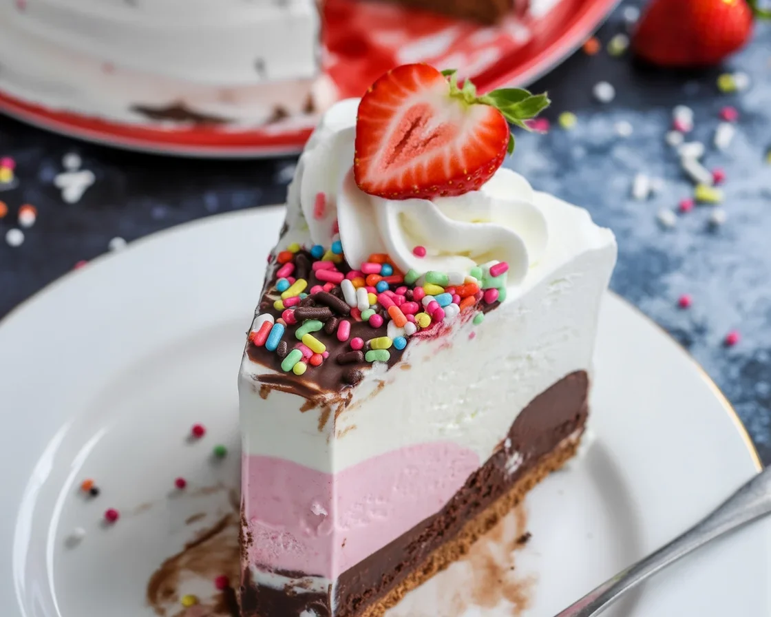 Decadent Neapolitan Ice Cream Cake with chocolate, vanilla, and strawberry layers.