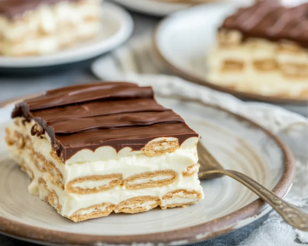Easy No-Bake Eclair Cake with graham crackers, pudding, and chocolate frosting.