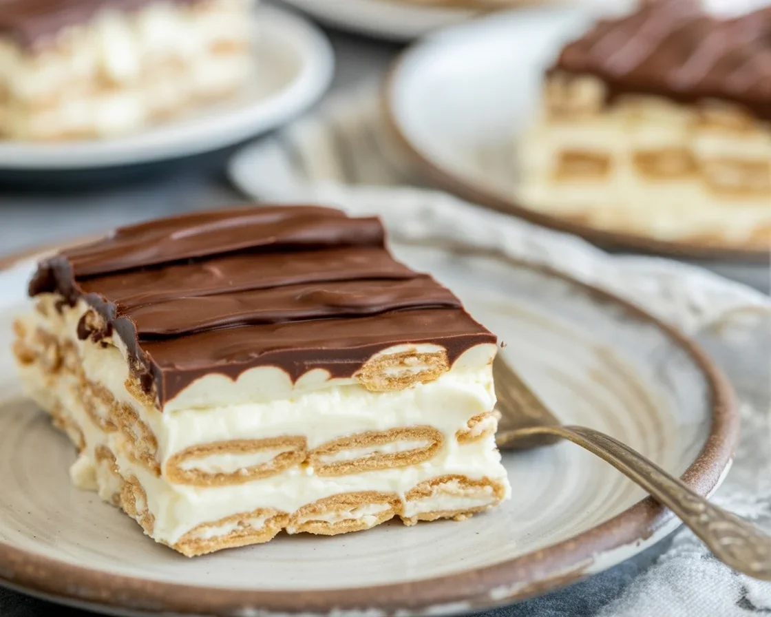 Easy No-Bake Eclair Cake with graham crackers, pudding, and chocolate frosting.