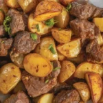 One Pan Garlic Butter Steak and Potatoes Skillet served in a cast iron pan.