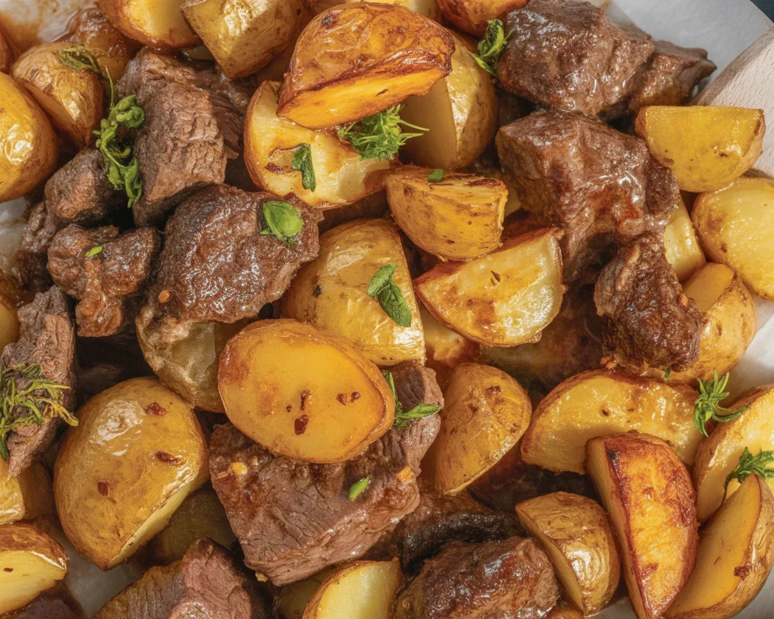One Pan Garlic Butter Steak and Potatoes Skillet served in a cast iron pan.