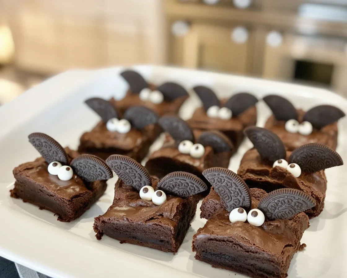 Pastel Halloween Bat Wing Brownies decorated with pastel sprinkles and googly eyes.