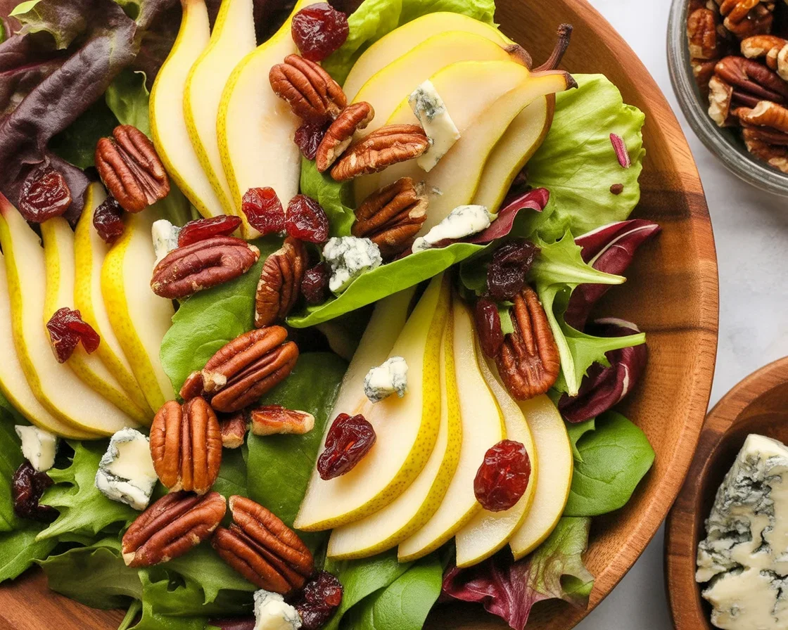 Fresh Pear and Gorgonzola Salad with candied pecans and vibrant greens.