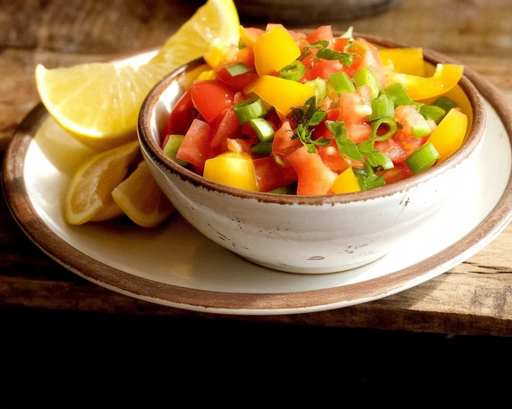 Delicious Pico de gallo with peach and tomato, fresh ingredients mixed in a bowl.