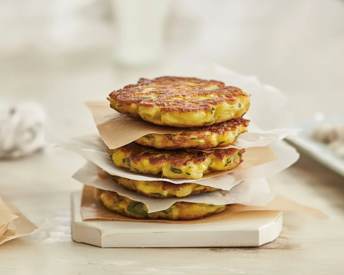 Delicious Potato and Carrot Fritters served with a side of dipping sauce.