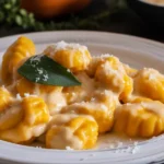 Homemade Pumpkin Gnocchi with Sage Butter Sauce on a plate