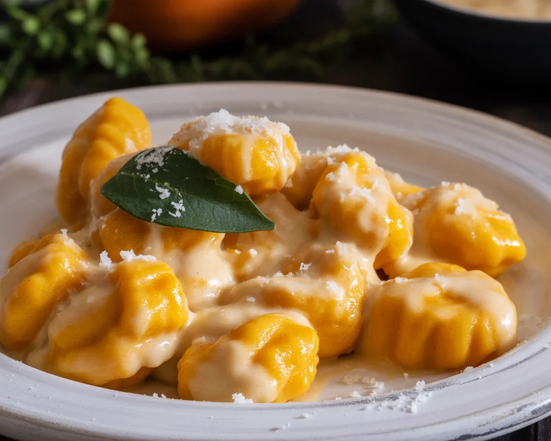 Homemade Pumpkin Gnocchi with Sage Butter Sauce on a plate