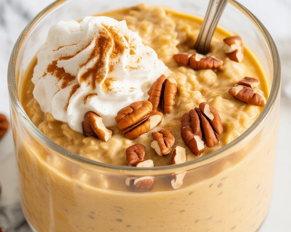 Healthy Pumpkin Spice Overnight Oats with Greek yogurt and topped with pumpkin seeds.