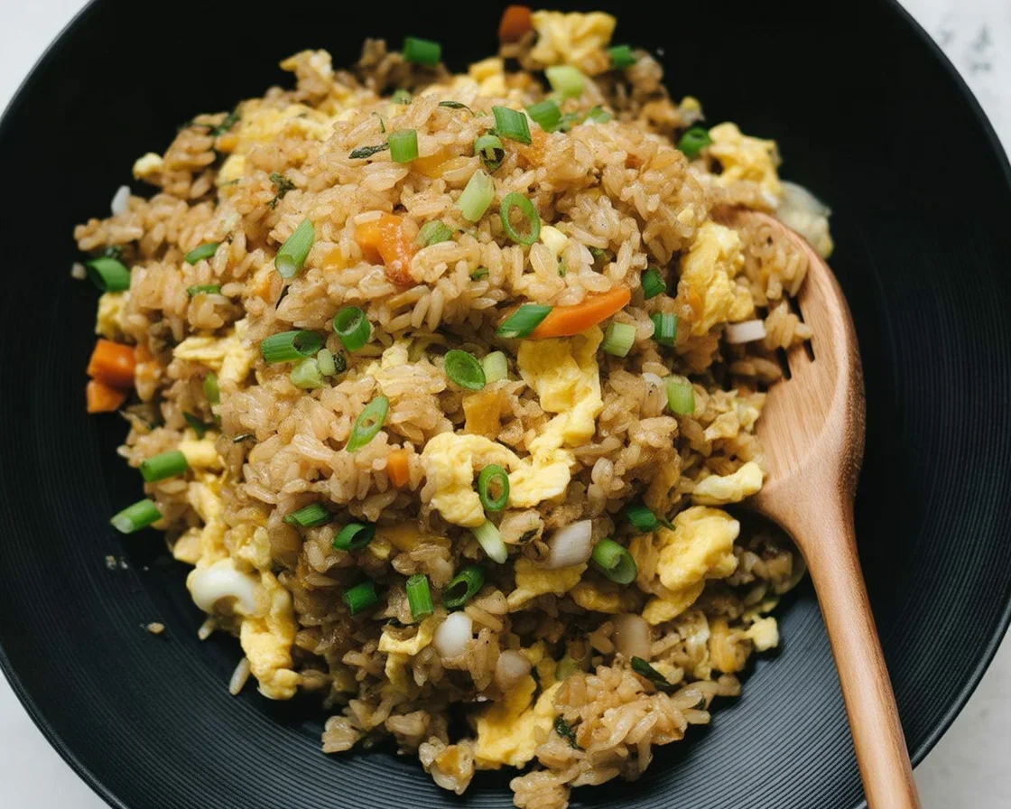 Delicious bowl of easy Egg Fried Rice made with fresh vegetables and scrambled eggs