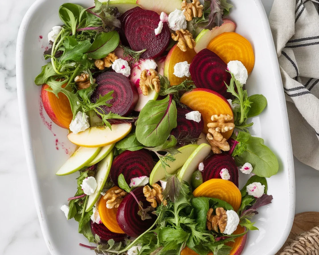 Roasted Beet and Goat Cheese Salad with greens and walnuts.