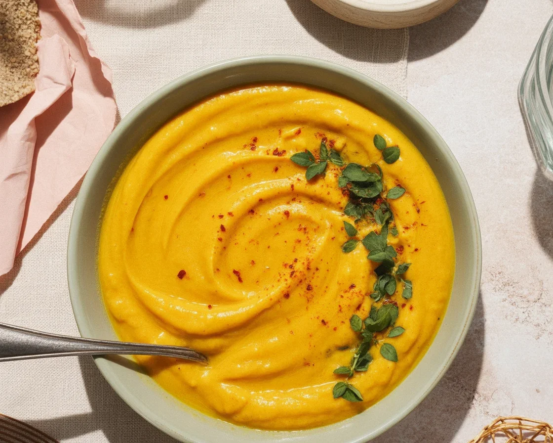 Creamy roasted carrot and parsnip soup served with crispy toppings.