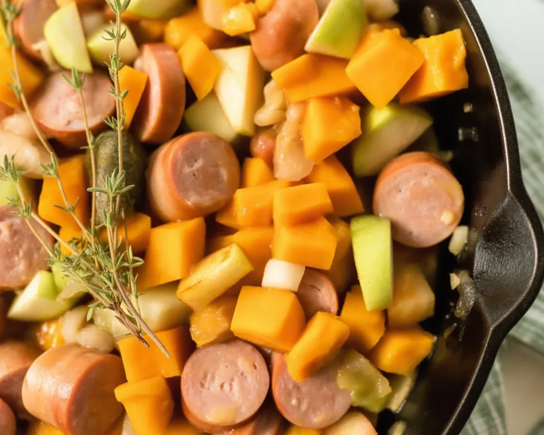 Sausage and Apple Skillet Dinner with sweet apples and savory sausage in a skillet.
