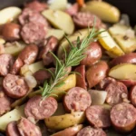 A delicious Sausage and Apple Skillet Dinner with fresh ingredients in a cast iron skillet.