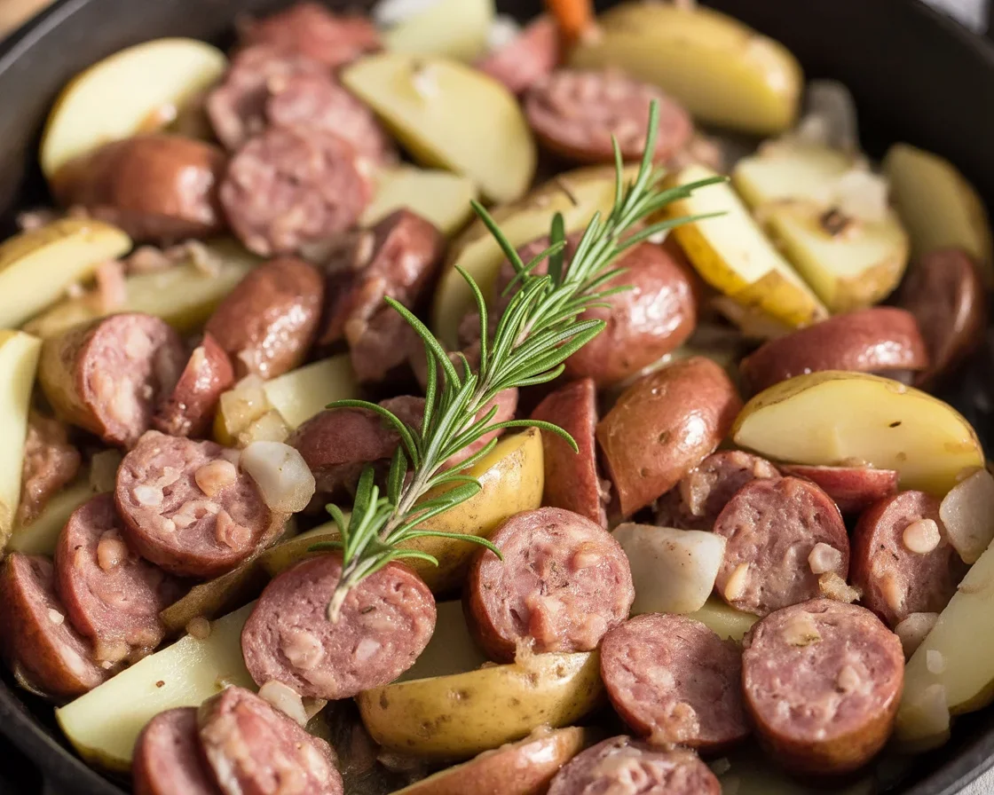 A delicious Sausage and Apple Skillet Dinner with fresh ingredients in a cast iron skillet.