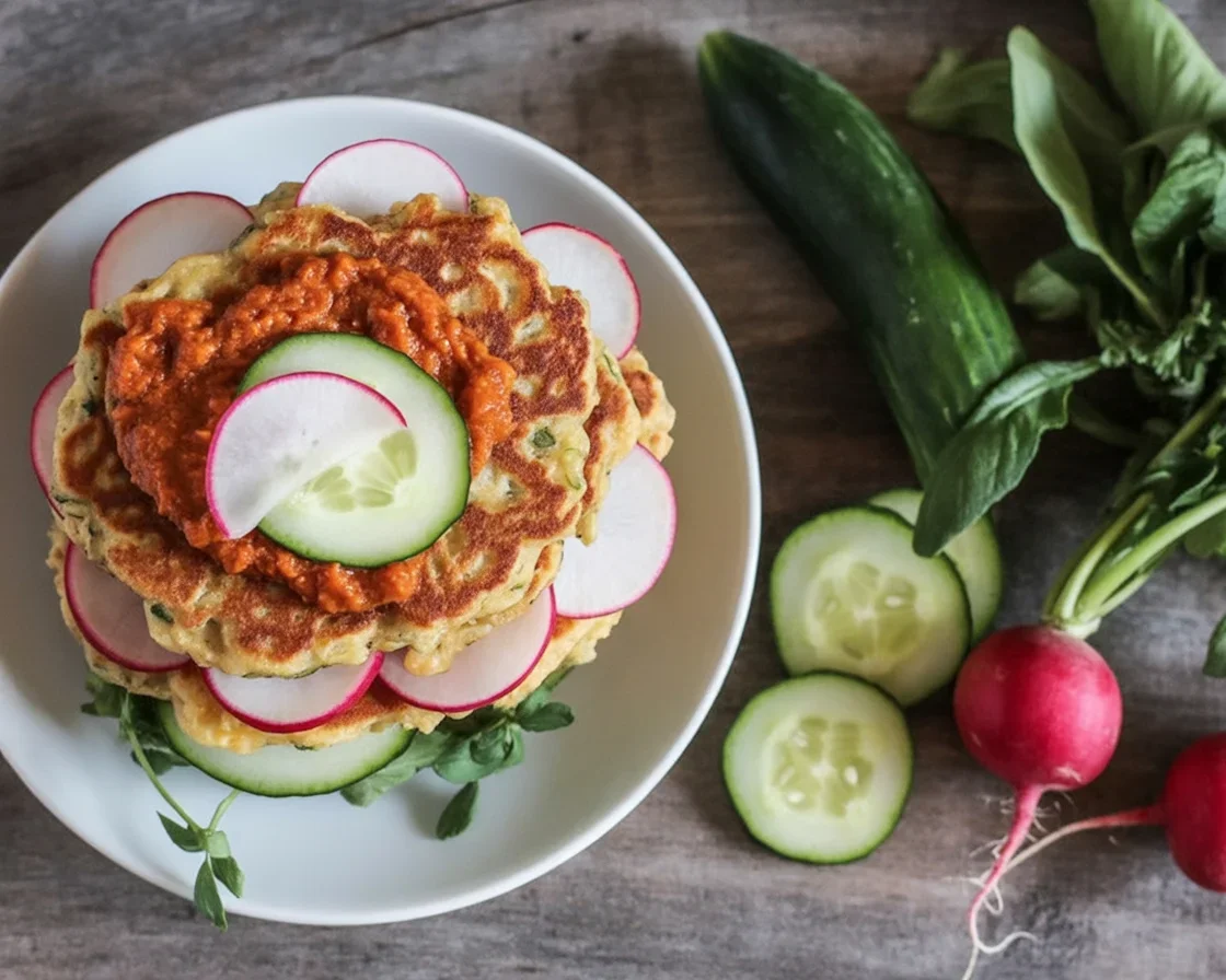 Delicious Savory Oatmeal Fritters topped with fresh veggies, perfect for breakfast.