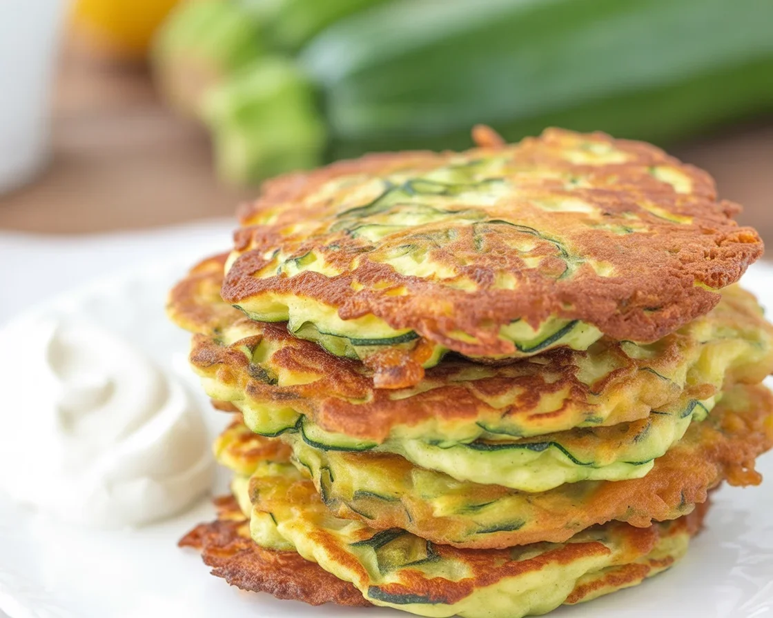 Savory zucchini and potato pancakes served with a creamy sauce.