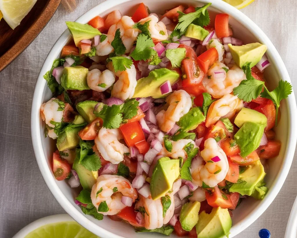 Delicious Shrimp Ceviche with Avocado served in a bowl with colorful ingredients.