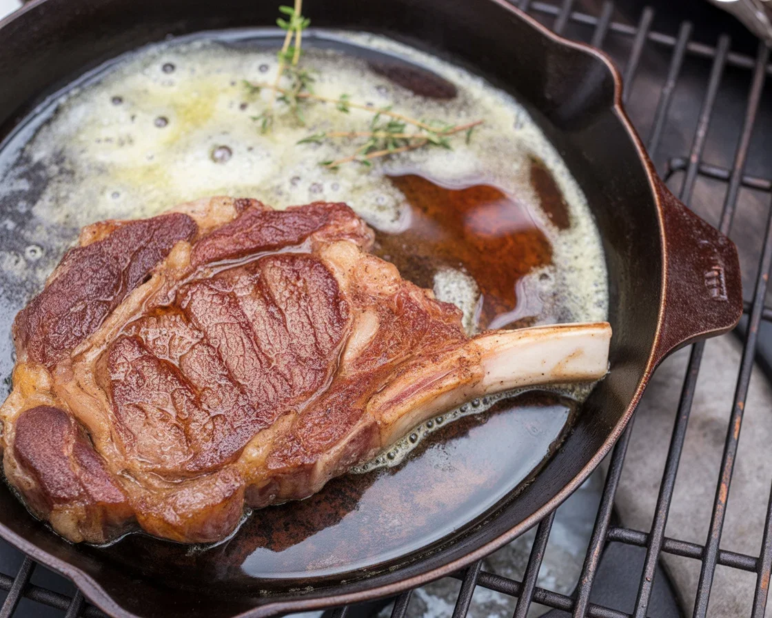 Delmonico Steak topped with aromatic Bay and Thyme Butter on a plate.