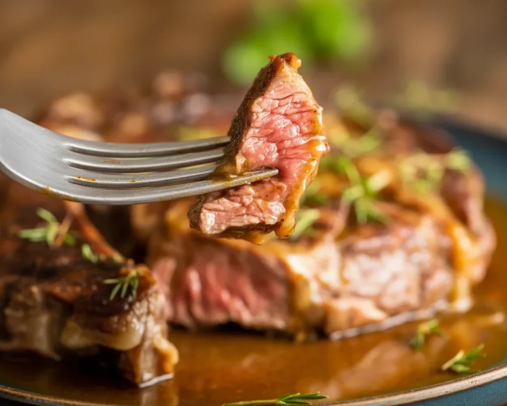Perfectly cooked ribeye steak served with chimichurri sauce and garnished.