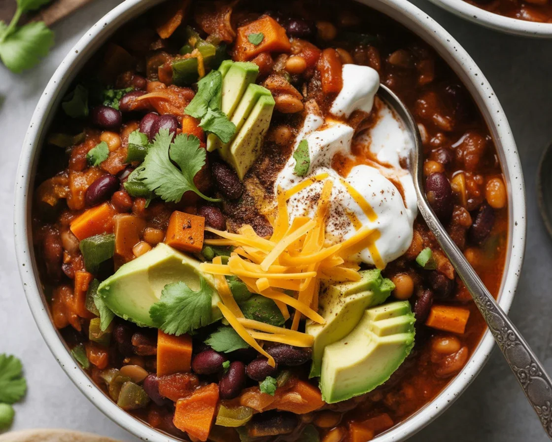 Bowl of Slow Cooker Vegetarian Chili with Sweet Potatoes, beans, and spices.